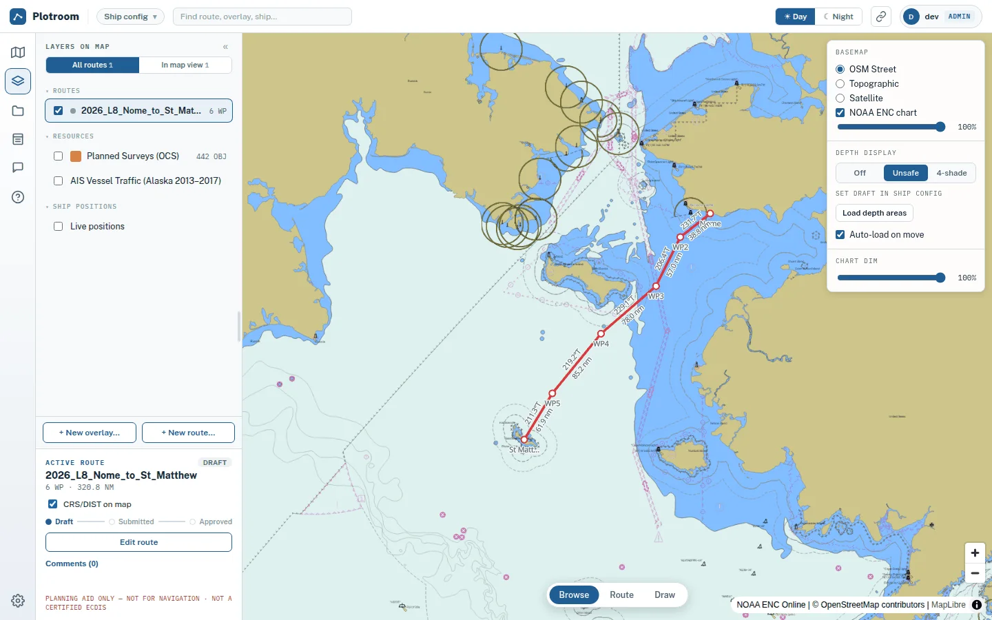 Plotroom voyage planning interface with an electronic navigational chart